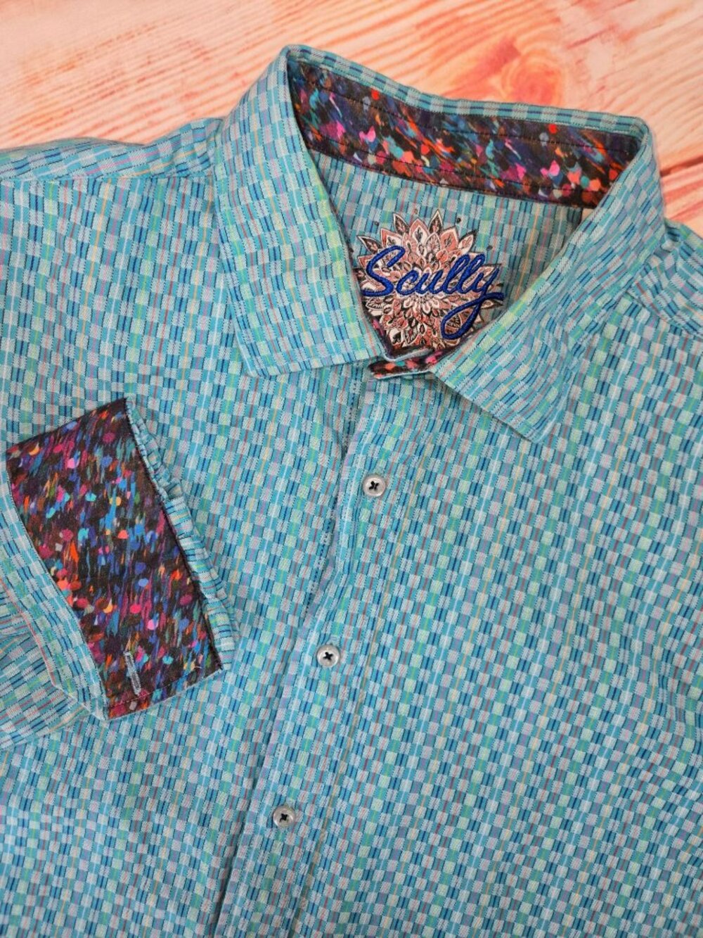 Scully Mens Turquoise Check Long Sleeve Shirt Size Medium